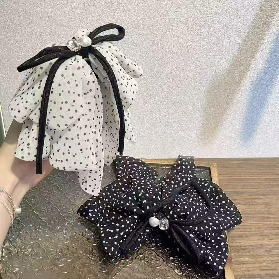 Chiffon Polka Dot Cascade Bow Clip – Monochrome Elegance