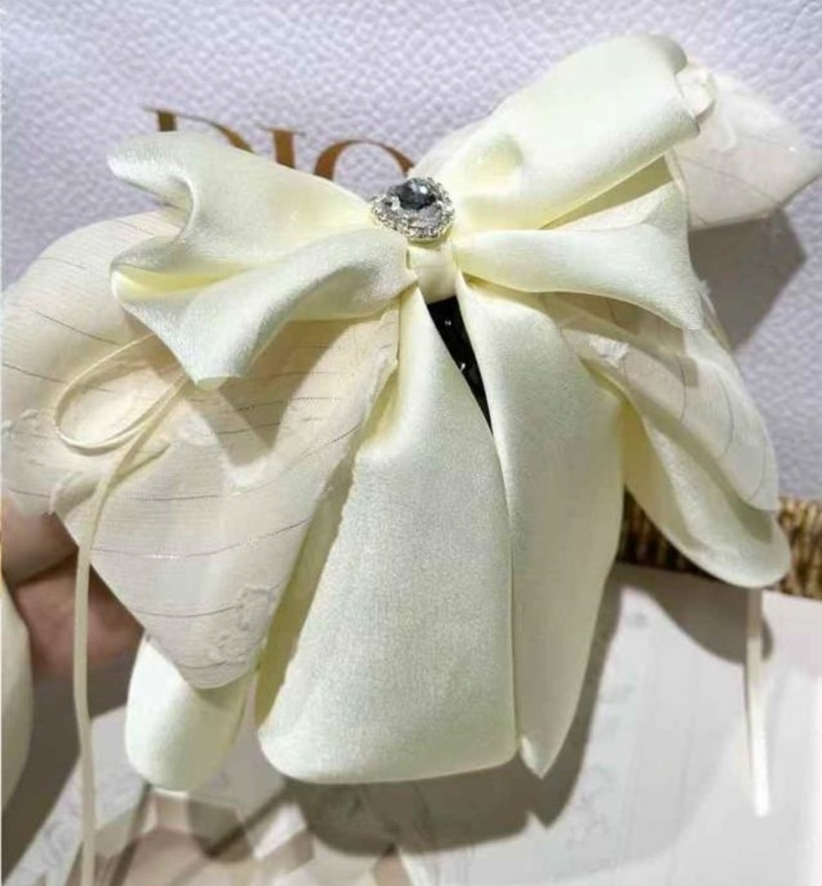 Luxury Satin Crystal-Embellished Oversized Bow Hair Clip – Black & Ivory