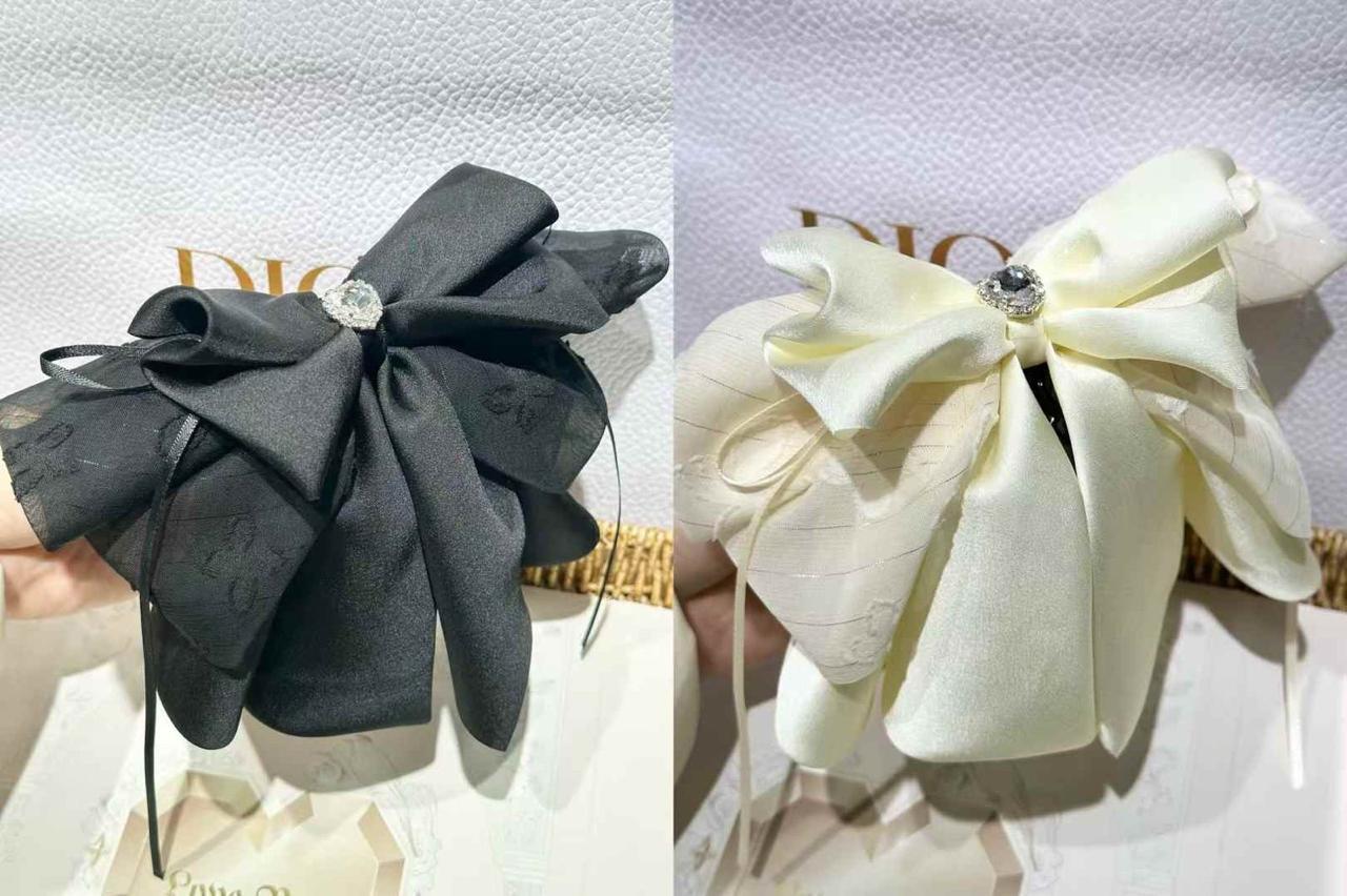 Luxury Satin Crystal-Embellished Oversized Bow Hair Clip – Black & Ivory