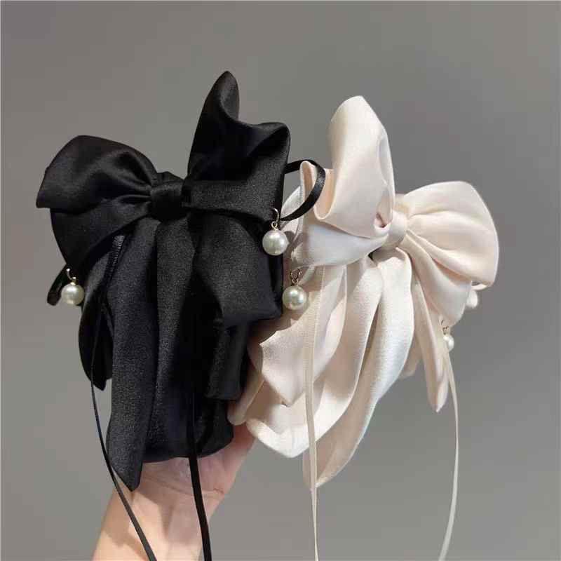 Velour Luxe Satin Pearl Drop Bow Hair Clip – Black & Ivory