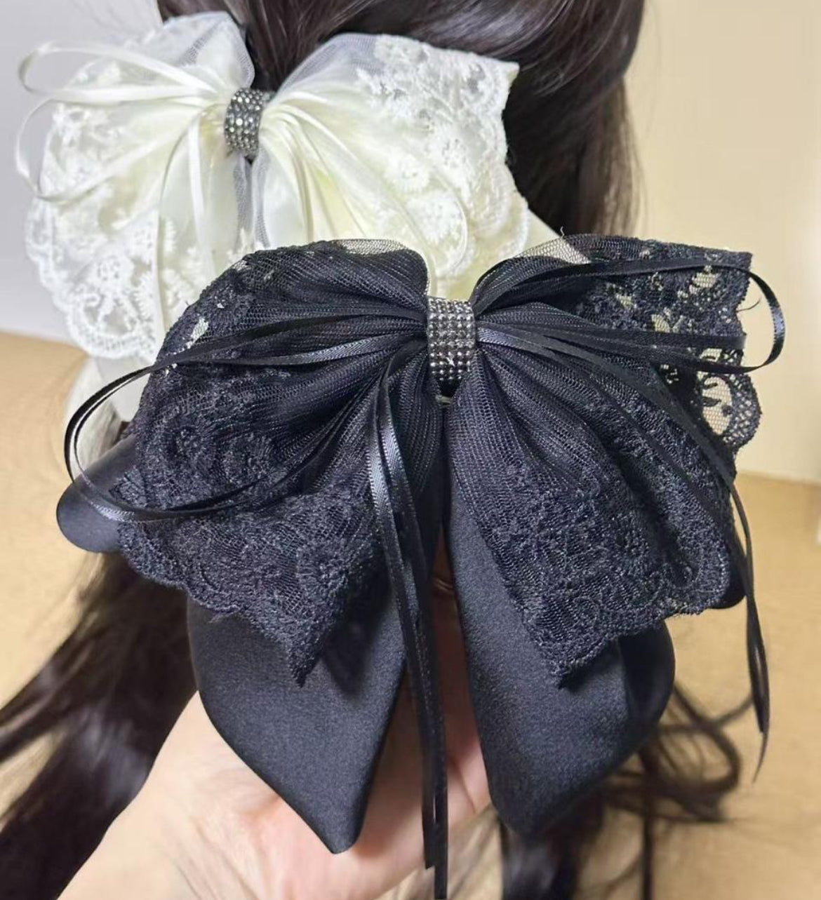 Luxe Lace & Satin Rhinestone Bow Hair Clip – Midnight & Ivory Romance