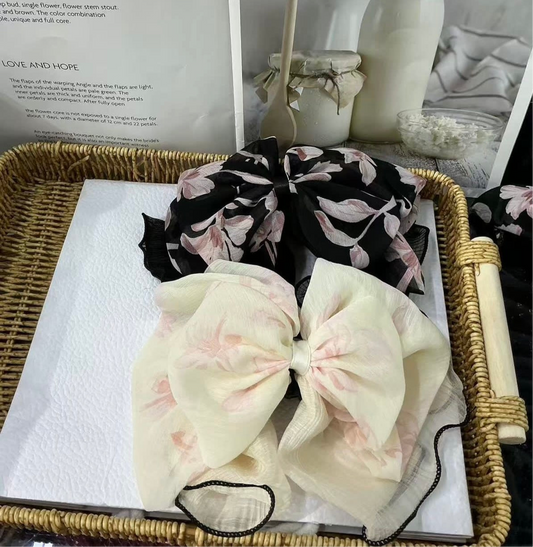 Romantic Floral Chiffon Bow Hair Clip – Black & Cream