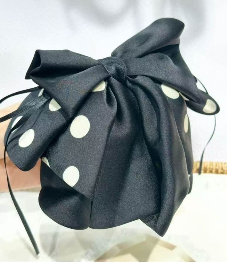 Vintage Polka Dot Satin Bow Hair Clip – Black & Ivory
