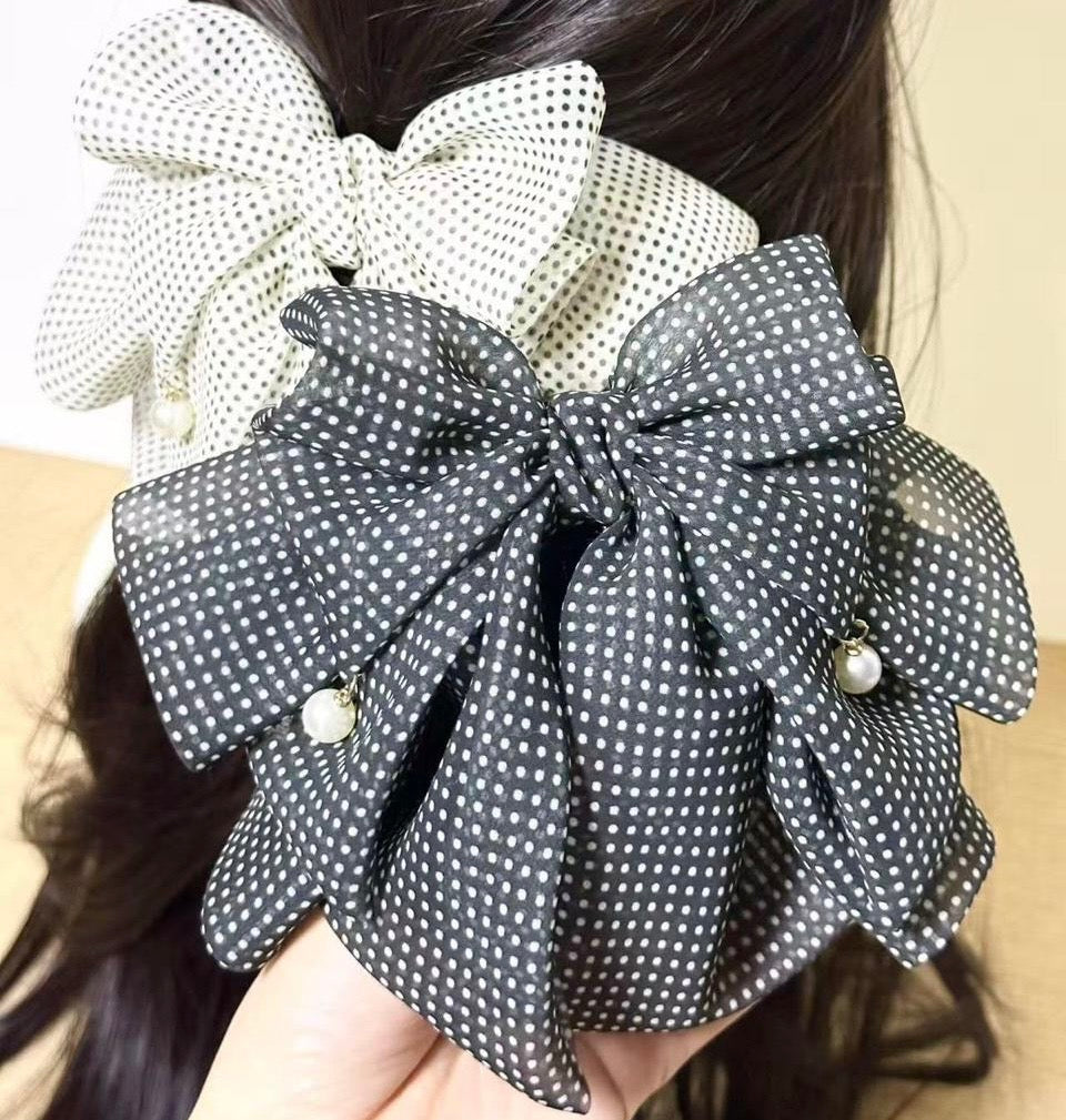 Elegant Pearl-Drop Chiffon Bow Hair Clip – Dotted Charm Edition