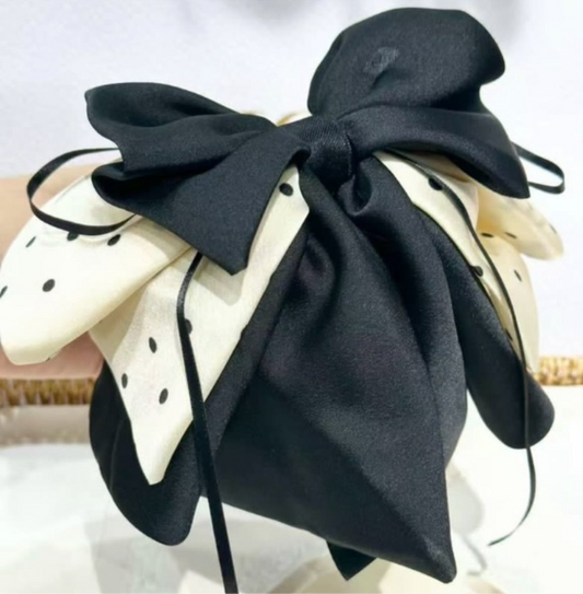 Elegant Black Polka Bow Hair Scrunchie – Premium Oversized Design