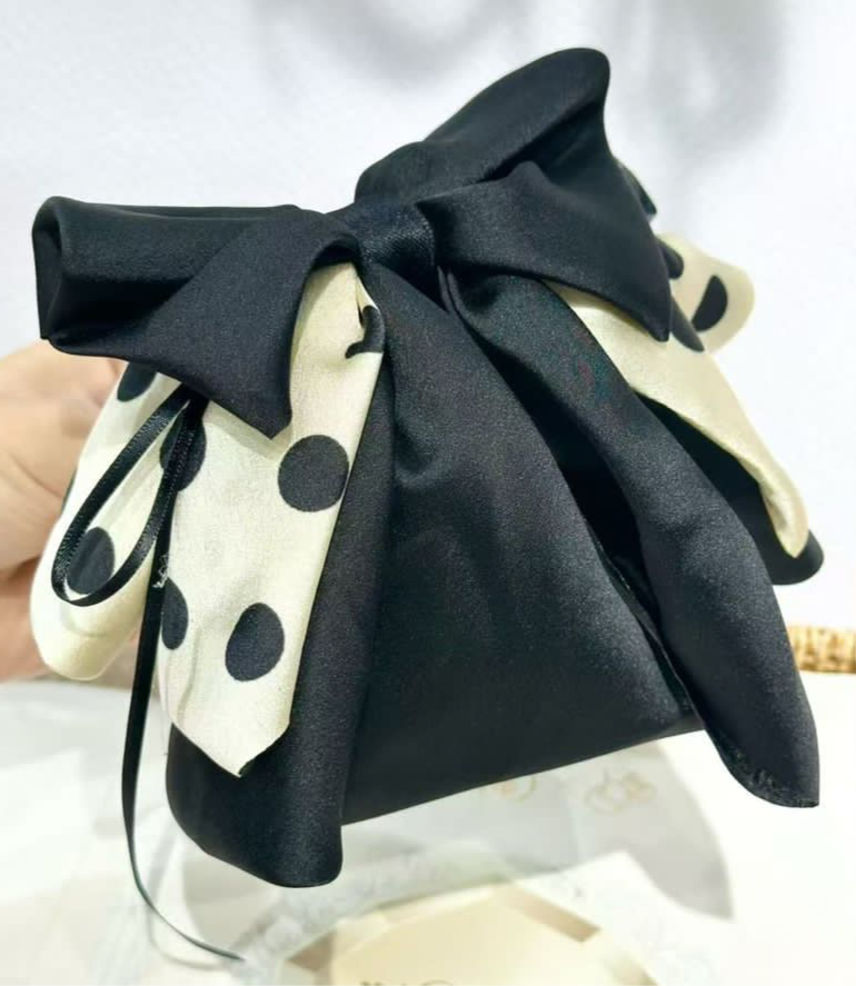 Vintage Polka Dot Satin Bow Hair Clip – Black & Ivory