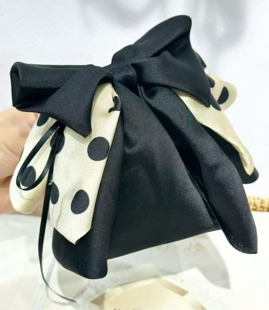 Vintage Polka Dot Satin Bow Hair Clip – Black & Ivory
