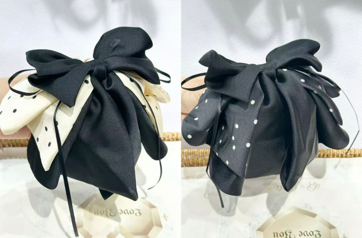 Elegant Black Polka Bow Hair Scrunchie – Premium Oversized Design
