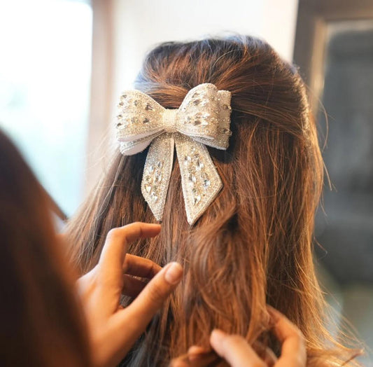 Embellished Crystal & Pearl Hair Bow Barrette Clip - Silver