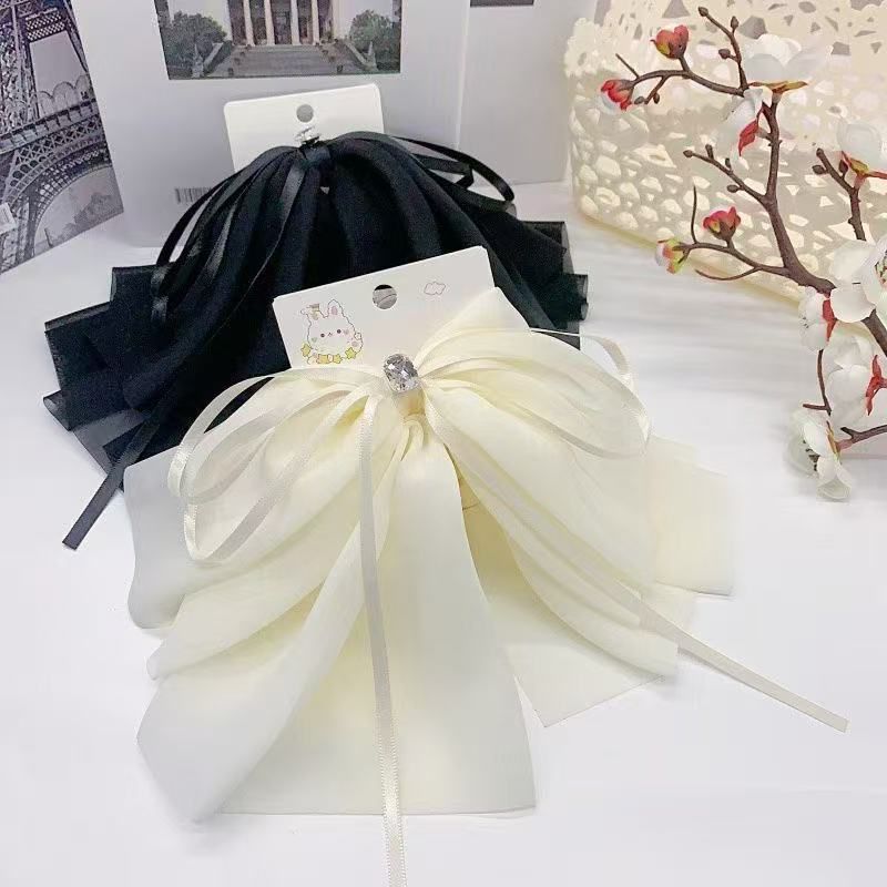 Elegant Satin Ribbon Bow Hair Clip with Crystal Accent – Black & Ivory