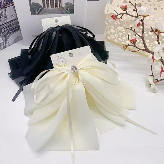 Elegant Satin Ribbon Bow Hair Clip with Crystal Accent – Black & Ivory