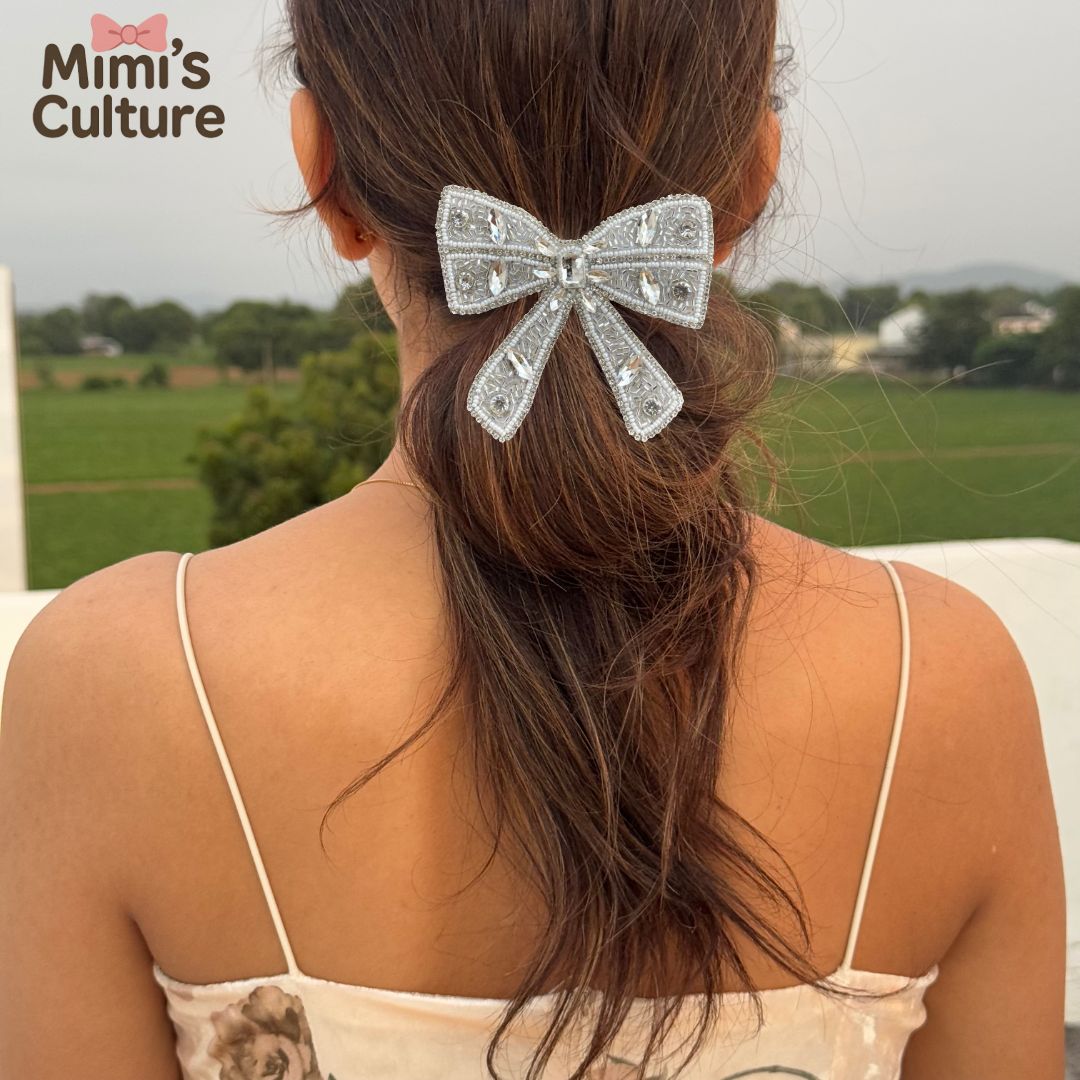 Sparkling Crystal Beaded Bow Hair Clip – Silver Elegance