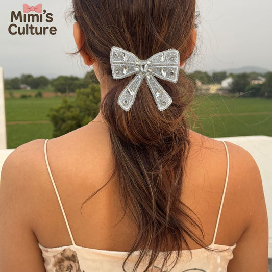 Sparkling Crystal Beaded Bow Hair Clip – Silver Elegance