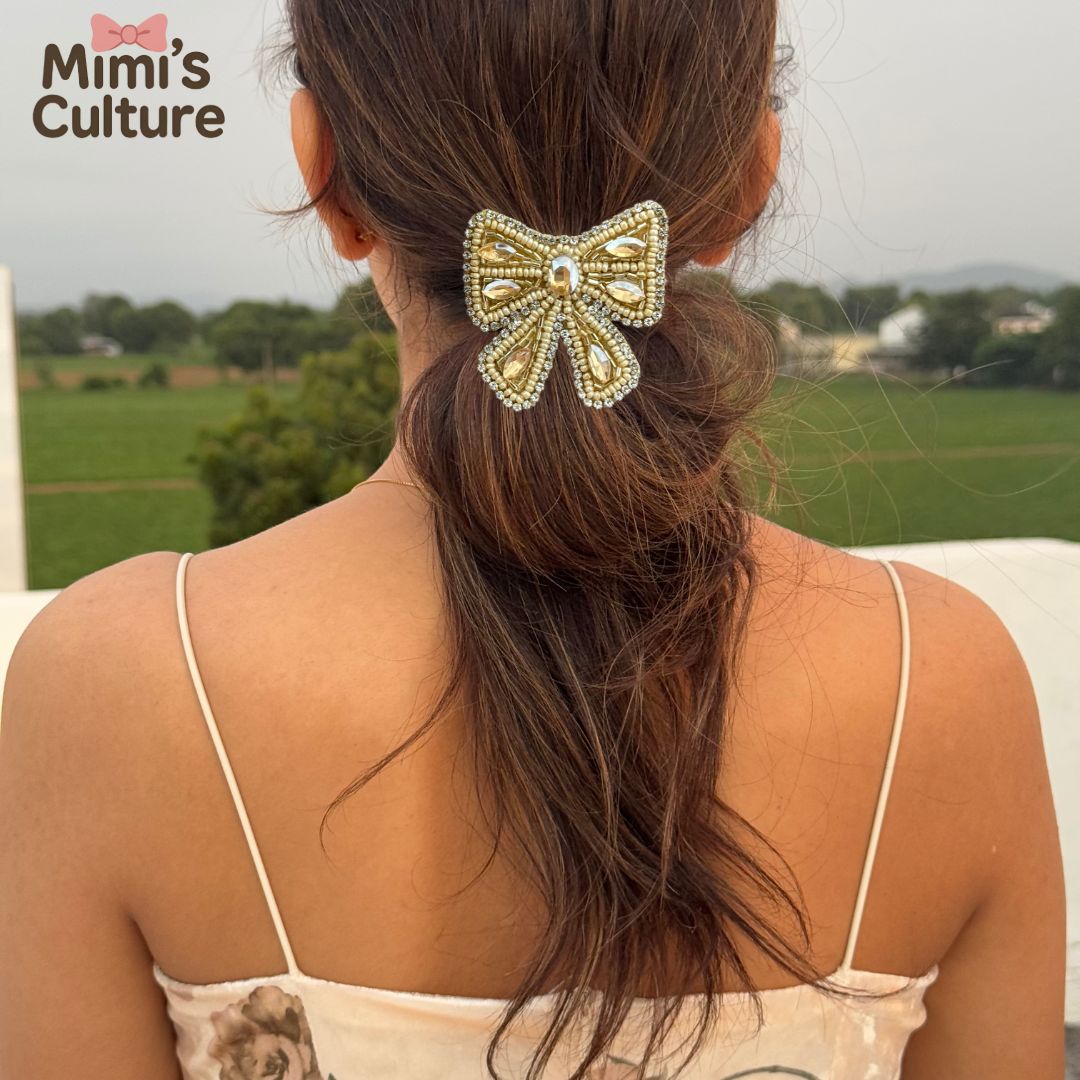 Beaded Bow Hair Clip Set – Silver Golden Elegance - combo