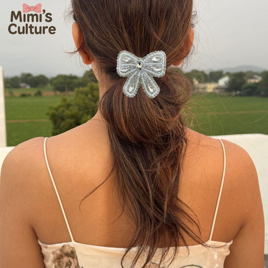 Sparkling Crystal Beaded Bow Hair Clip – Silver Elegance - small size