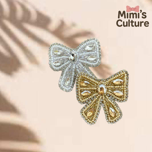 Beaded Bow Hair Clip Set – Silver Golden Elegance - combo