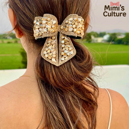 Premium Golden Stone Embellished Bow Hair Clip – Luxe Elegance